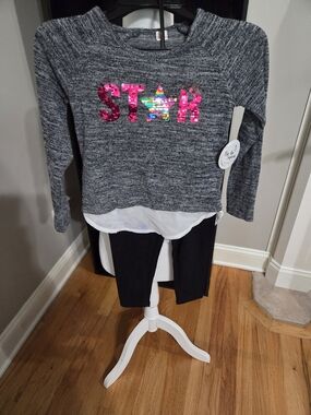 Butter Gray Knit Top with Pink Sequin STAR and Black Leggings Set